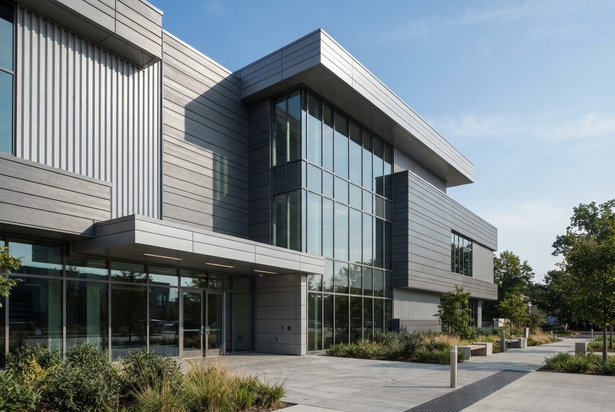 Modern building facade finished with metal carved panels